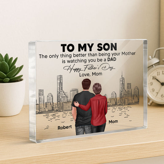 To My Son From Mom Happy Father's Day Skyline Personalized Rectangle Acrylic Block Plaque